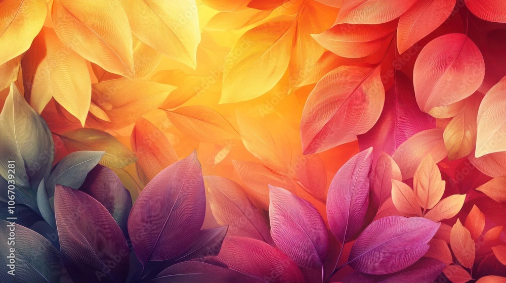 A vibrant autumn leaf cluster in the center of the image with a warm gradient background and sunlight. A vibrant autumn leaf cluster in the center of the image with a warm gradient background and sunlight.