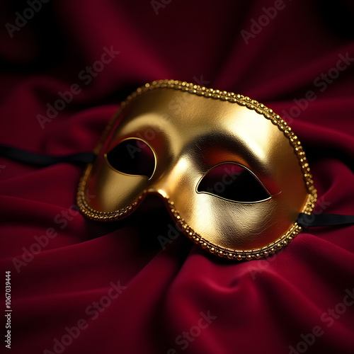 Golden Venetian Mask on Red Silk Fabric photo