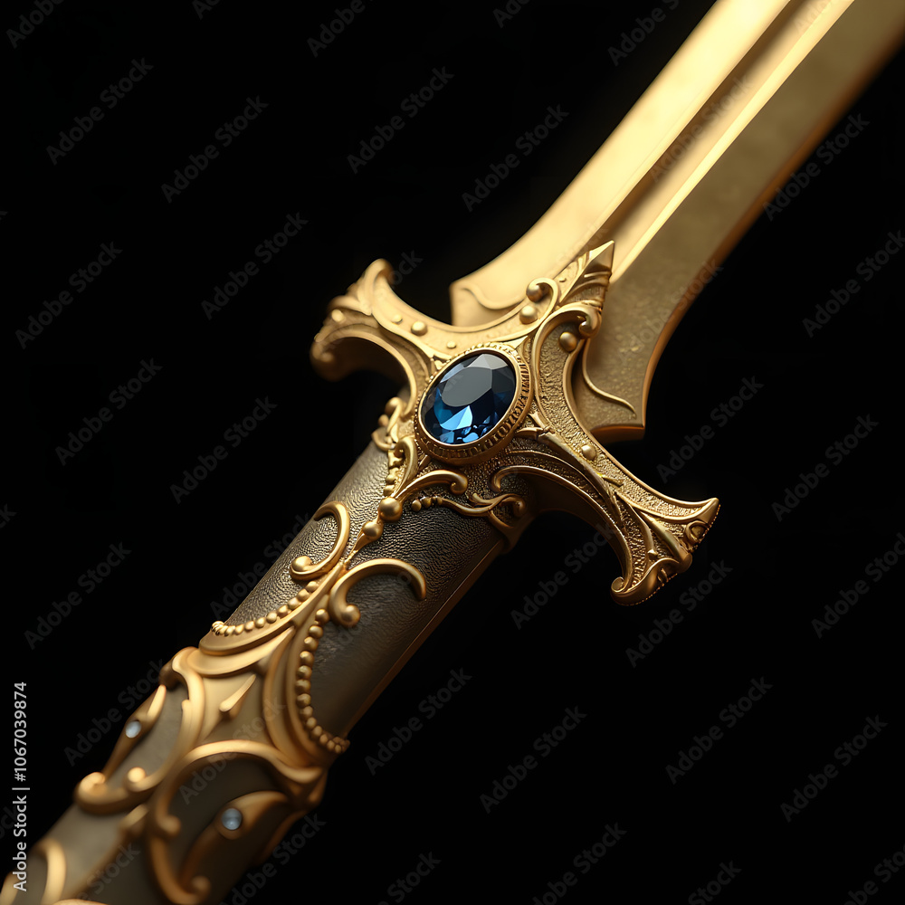 Closeup of Ornate Golden Sword with Blue Gemstone Closeup of Ornate Golden Sword with Blue Gemstone
