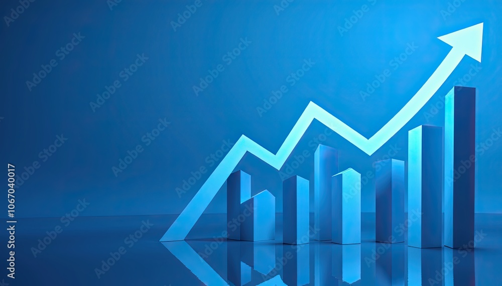 Blue graph with upward arrow on reflective surface: business growth and success Blue graph with upward arrow on reflective surface: business growth and success