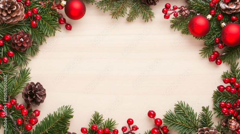 Christmas wreath adorned with pine cones, red berries, green foliage. Christmas wreath adorned with pine cones, red berries, green foliage.