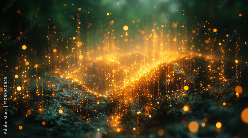 Obraz premium Golden bokeh lights softly illuminating an abstract structure of geometric shapes on a dark green canvas,