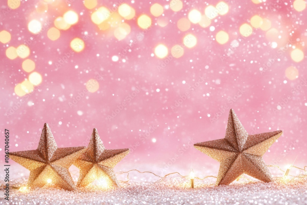 Three gold stars on pink background with bokeh lights. Three gold stars on pink background with bokeh lights.