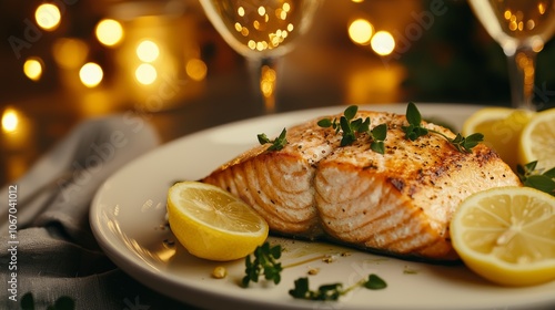 Wallpaper Mural Grilled Salmon with Lemon on Festive Plate Torontodigital.ca