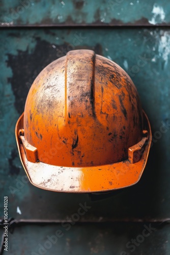 A mud-stained orange hard hat, symbolizing hard work and toil, rests against a weathered green metallic wall. photo