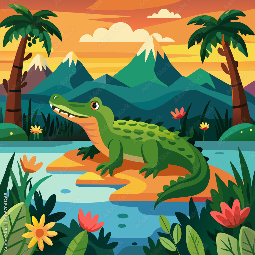 A cheerful illustration of a crocodile lounging on a rock in a tropical setting. The vibrant colors and playful style make this image perfect for children's books, educational materials. A cheerful illustration of a crocodile lounging on a rock in a tropical setting. The vibrant colors and playful style make this image perfect for children's books, educational materials.