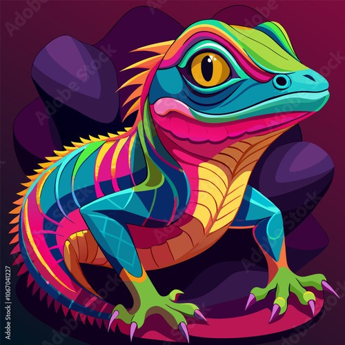 Vibrant and detailed illustration of a colorful lizard with a striking design, perfect for adding a pop of color and energy to your projects. Its unique style is ideal for graphic design, clothing.