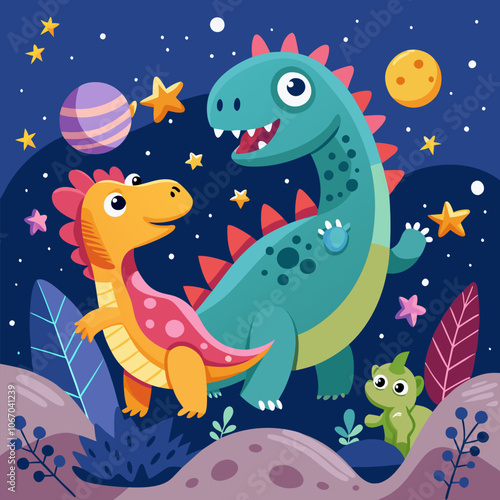 Two adorable dinosaurs enjoying a starry night, perfect for children's books, nursery decor, or any project that needs a touch of whimsy and wonder.