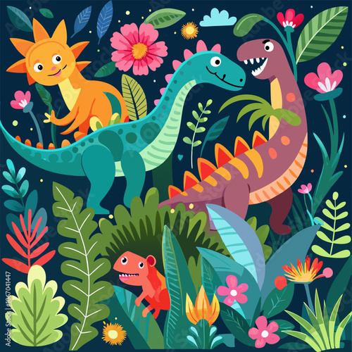 A colorful and playful illustration featuring three dinosaurs surrounded by lush greenery and vibrant flowers. Perfect for children's books, educational materials.