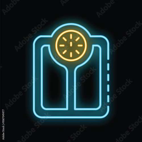 Glowing neon icon of a weighing scale with a clock, symbolizing the concept of time management in weight loss