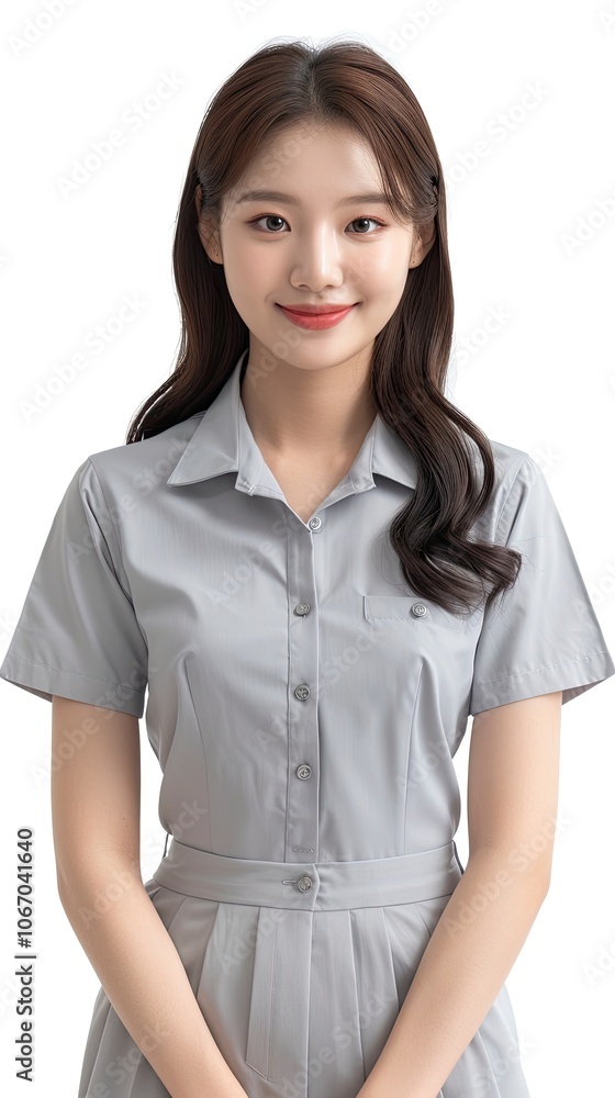 A young and beautiful Korean female model stood in front of a white background, her hair all combed back. She stood with a smile on her face, generative ai A young and beautiful Korean female model stood in front of a white background, her hair all combed back. She stood with a smile on her face, generative ai