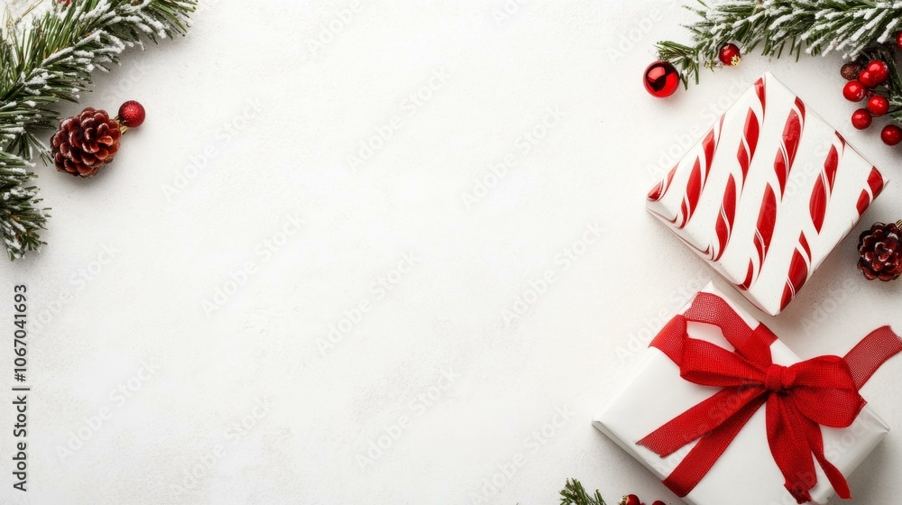 Christmas presents on white backdrop with red, white decorations. Christmas presents on white backdrop with red, white decorations.