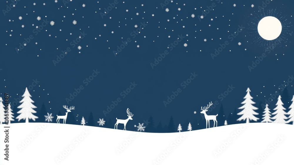 Snowy night scene with deer, snow-covered trees, and falling snowflakes. Snowy night scene with deer, snow-covered trees, and falling snowflakes.