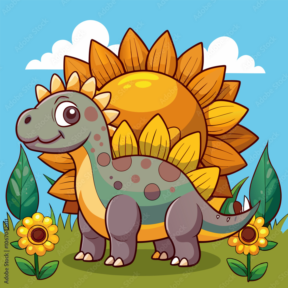 Fototapeta premium A cute cartoon illustration of a dinosaur standing next to a sunflower. The dinosaur has a friendly expression and is perfect for children's books, educational materials.