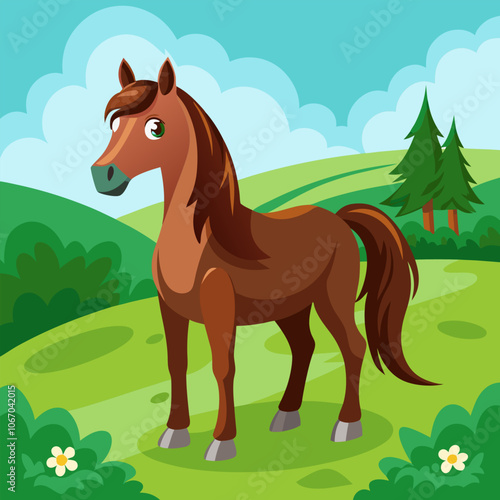 A cute cartoon horse with a brown coat and flowing mane stands in a grassy field, surrounded by lush greenery. The horse is a perfect illustration for children's books, educational materials.