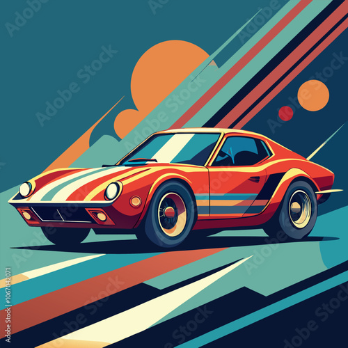 A vibrant illustration of a classic sports car, capturing the essence of vintage racing. The bold colors, dynamic lines, and retro design evoke a sense of speed and nostalgia.