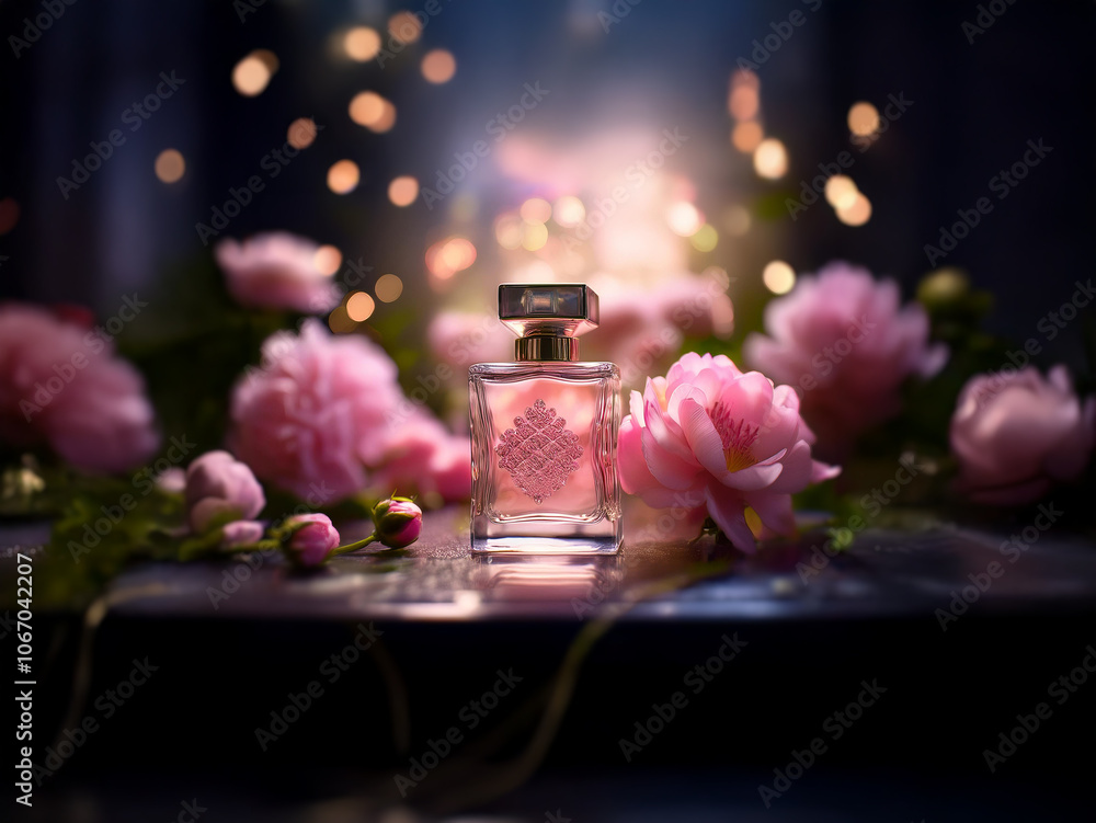 A clear glass bottle of perfume with a pink liquid sits on a table with soft pink flowers in the foreground and a blurred background of twinkling lights. A clear glass bottle of perfume with a pink liquid sits on a table with soft pink flowers in the foreground and a blurred background of twinkling lights.