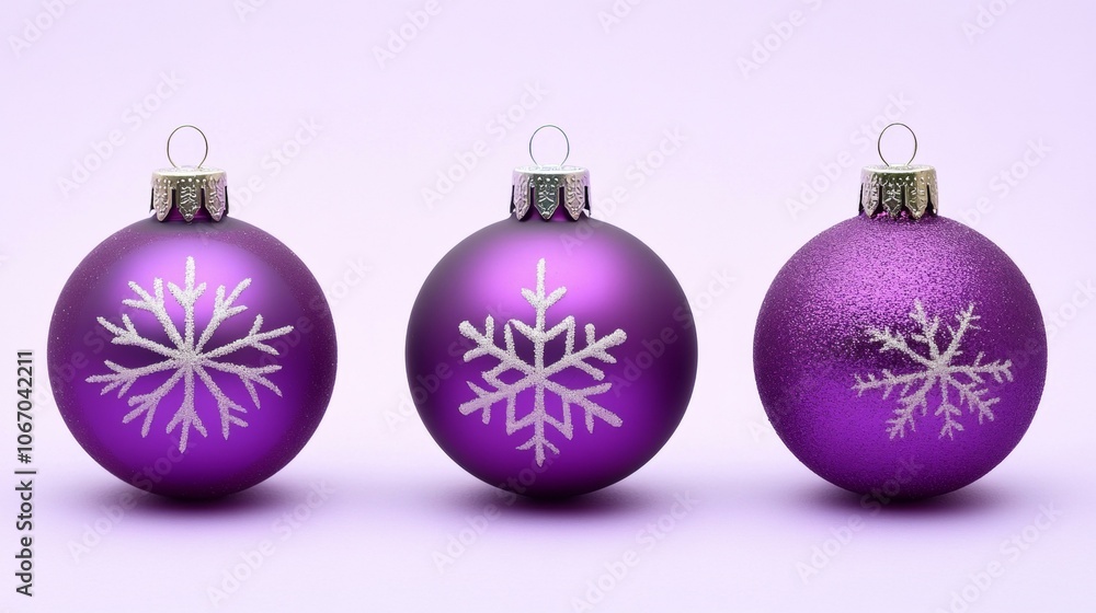 Purple Christmas balls with snowflakes, festive holiday decor. Purple Christmas balls with snowflakes, festive holiday decor.
