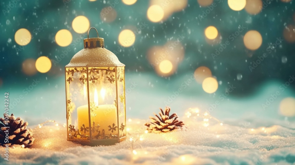 Christmas lights glowing on snow with pine cones, festive winter scene Christmas lights glowing on snow with pine cones, festive winter scene
