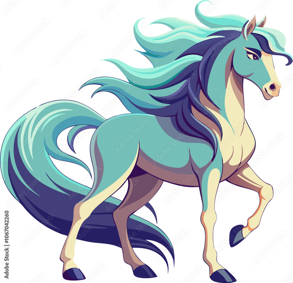 A whimsical illustration of a blue horse with a flowing mane and tail, perfect for children's books, fantasy art, or any project needing a magical touch. A whimsical illustration of a blue horse with a flowing mane and tail, perfect for children's books, fantasy art, or any project needing a magical touch.