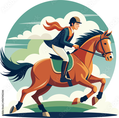 A vibrant illustration of a rider on horseback, capturing the thrill and elegance of equestrian sports. The dynamic composition showcases the horse's power and the rider's skill.