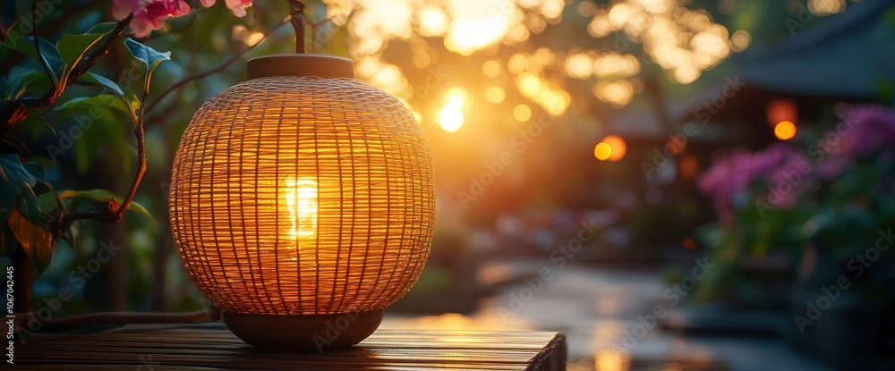 Obraz premium Warm Sunset Glow Illuminates a Traditional Bamboo Lantern in a Tropical Garden
