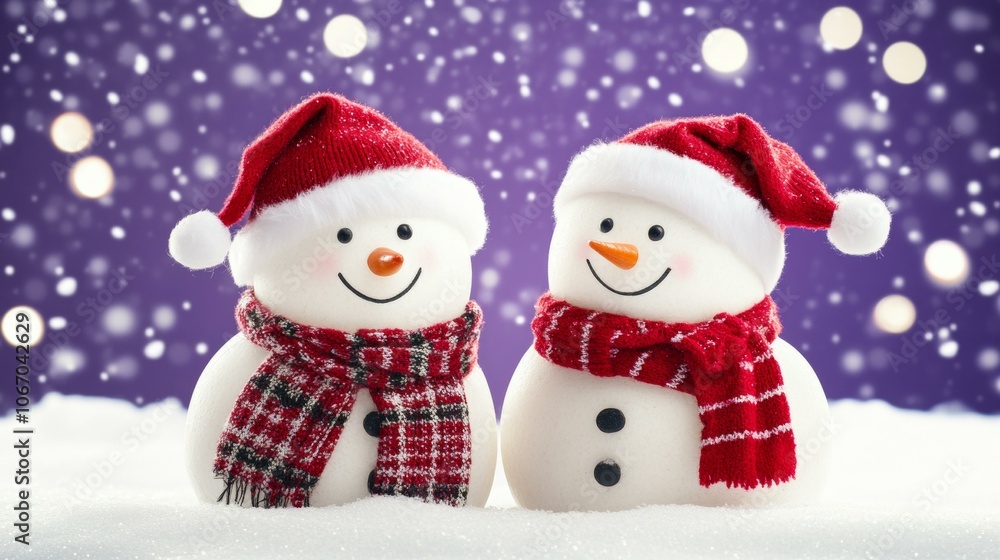 Two cheerful snowmen in snowy landscape with pine trees, winter fun Two cheerful snowmen in snowy landscape with pine trees, winter fun
