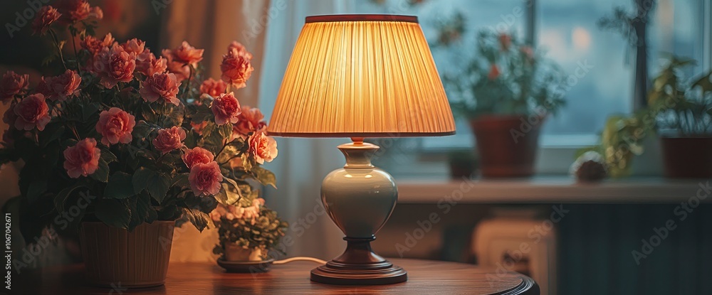 Table Lamp With Pink Flowers In A Cozy Room Table Lamp With Pink Flowers In A Cozy Room