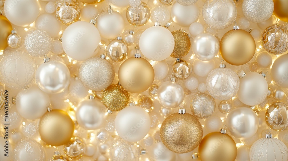 Elegant white, gold ornaments for festive holiday decoration. Elegant white, gold ornaments for festive holiday decoration.