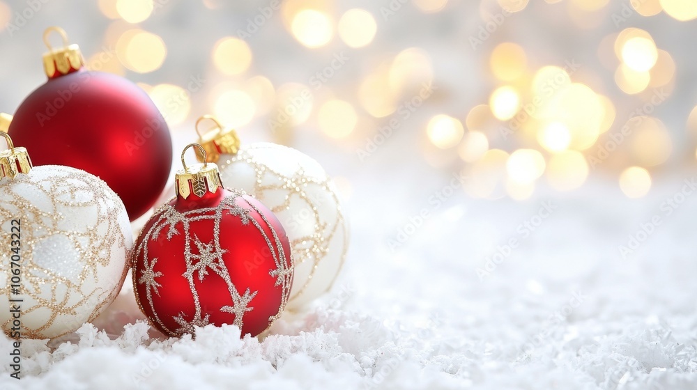 Red, white Christmas ornaments on snow, festive winter holiday scene. Red, white Christmas ornaments on snow, festive winter holiday scene.