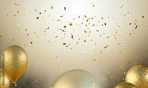 Gold balloons and confetti against a white background create a festive celebration. Perfect for party invitations, holiday designs, and announcements.