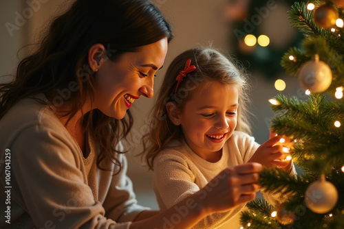 A mother and child happily decorate a Christmas tree, spreading festive cheer and family bonding in a warm and cozy holiday setting