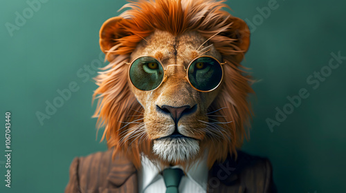 Portrait of a lion wearing sunglasses, dressed in a suit and tie