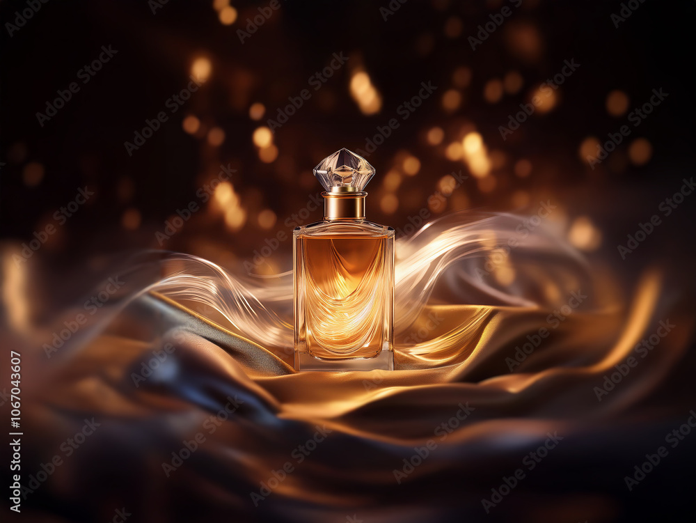 A glass bottle of perfume sits on a bed of soft, shimmering fabric, bathed in a warm glow. A glass bottle of perfume sits on a bed of soft, shimmering fabric, bathed in a warm glow.
