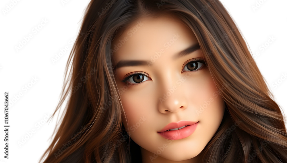 Portrait of a woman with voluminous, wavy brunette hair and a subtle makeup look, placed against a neutral background Portrait of a woman with voluminous, wavy brunette hair and a subtle makeup look, placed against a neutral background