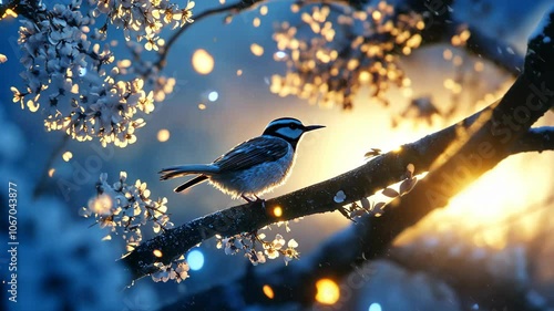 A small blue bird perches on a branch of a flowering tree during the golden hour