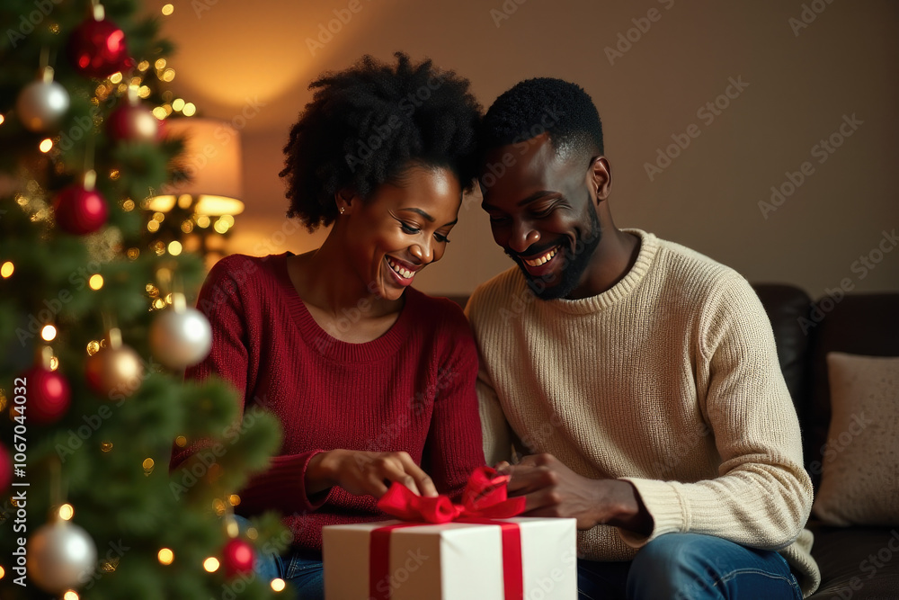 A smiling African American couple joyfully wrapping gifts together by a Christmas tree, radiating warmth, love, and holiday spirit A smiling African American couple joyfully wrapping gifts together by a Christmas tree, radiating warmth, love, and holiday spirit