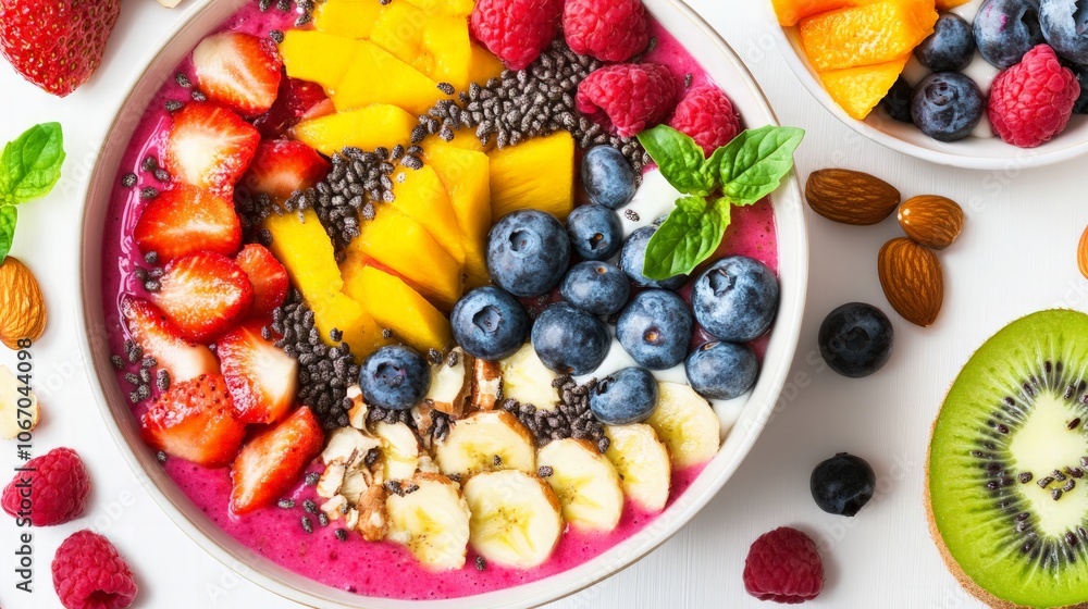 A close-up of a smoothie bowl filled with vibrant fruits and nuts, representing nutritious eating and a healthy lifestyle. A close-up of a smoothie bowl filled with vibrant fruits and nuts, representing nutritious eating and a healthy lifestyle.