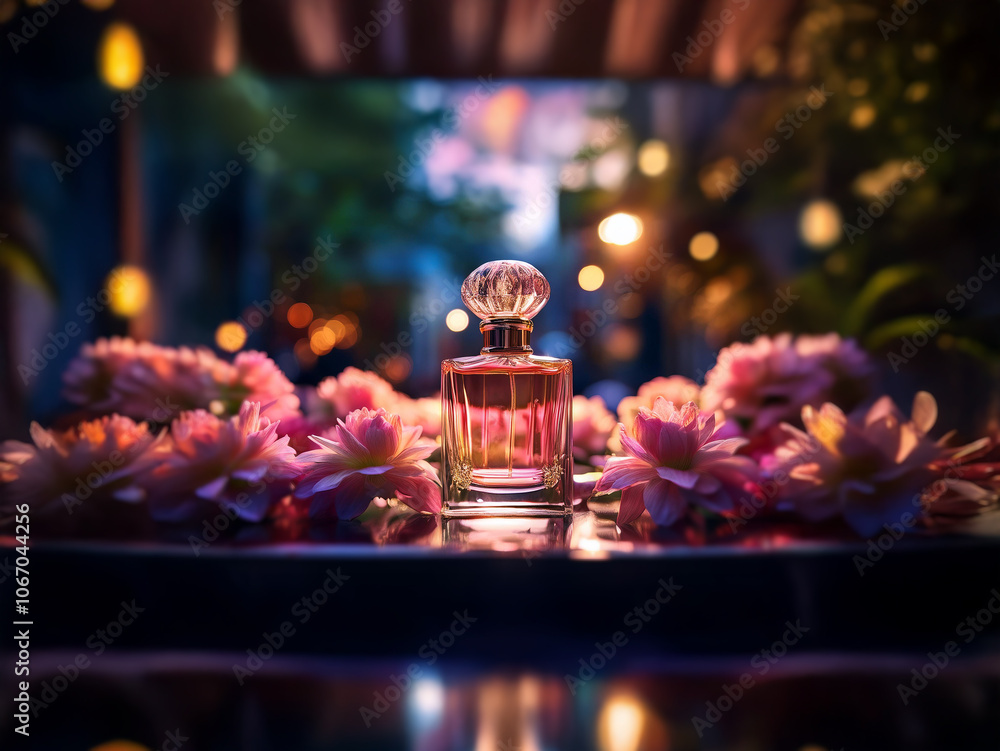 A glass bottle of perfume sits on a silver tray surrounded by pink flowers with a blurred background of lights and greenery. A glass bottle of perfume sits on a silver tray surrounded by pink flowers with a blurred background of lights and greenery.
