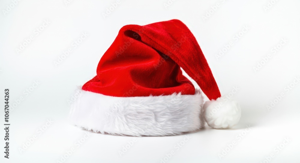 Classic santa claus hat resting on white background symbolizing christmas festivities Classic santa claus hat resting on white background symbolizing christmas festivities