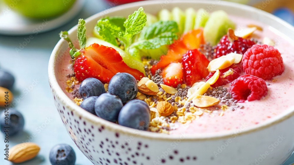 A close-up of a smoothie bowl filled with vibrant fruits and nuts, representing nutritious eating and a healthy lifestyle. A close-up of a smoothie bowl filled with vibrant fruits and nuts, representing nutritious eating and a healthy lifestyle.