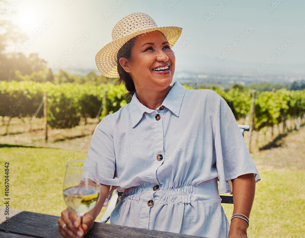 Naklejka premium Wine tasting, glass and happy woman in vineyard thinking of travel, sustainability or ideas for farming. Alcoholic beverage, agriculture person and lady drinking in countryside and winery service