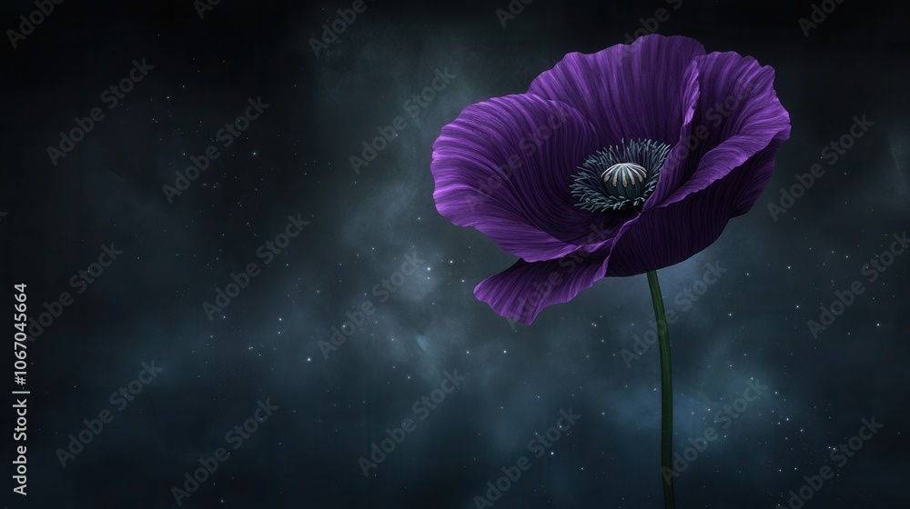 A captivating purple poppy blooms elegantly against a cosmic background in this stunning nature scene
