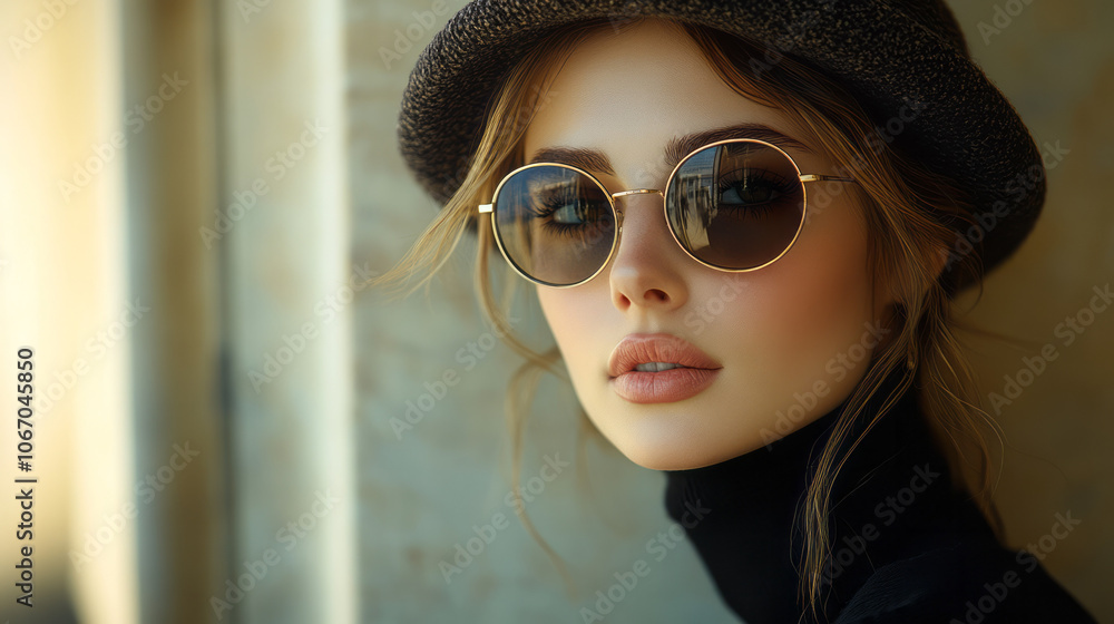Fototapeta premium A fashionable woman in a beret and sunglasses, sitting on a city bench, enjoying the urban ambiance with elegance,