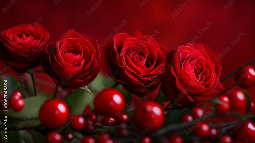 Lush bunch of vibrant red roses with rich green leaves, romantic gift. Lush bunch of vibrant red roses with rich green leaves, romantic gift.