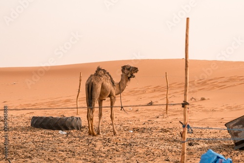 A camel standing on the desert camp in the Sahara desert, Morocco photo