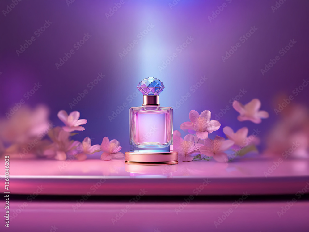 A single bottle of perfume rests on a round platform with a glowing light behind it and pink flowers surrounding it. A single bottle of perfume rests on a round platform with a glowing light behind it and pink flowers surrounding it.