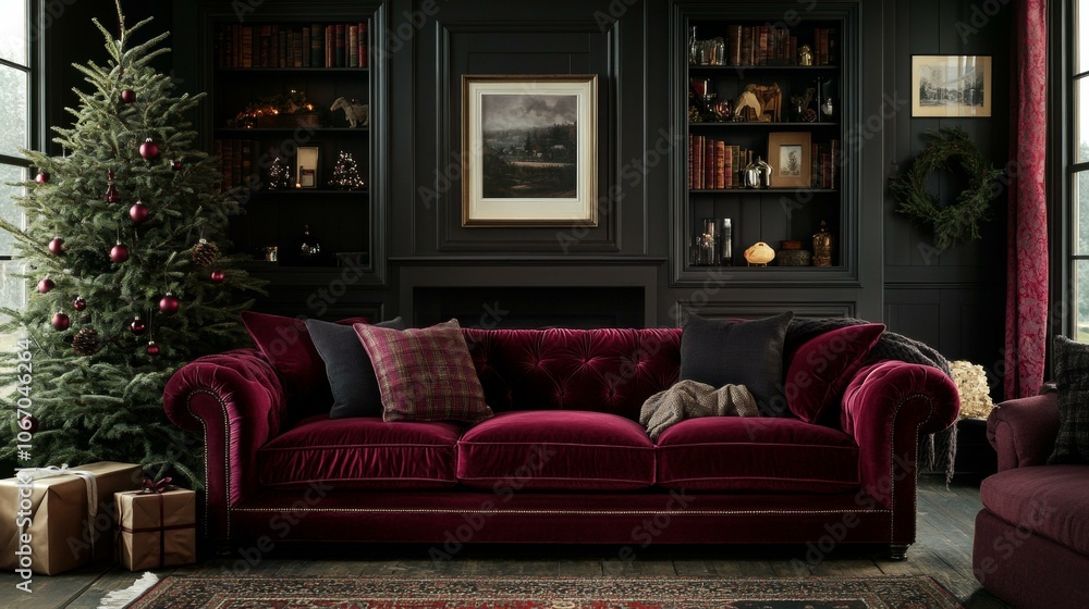 Cozy living room, Christmas tree, couch, festive decor, warm tones. Cozy living room, Christmas tree, couch, festive decor, warm tones.