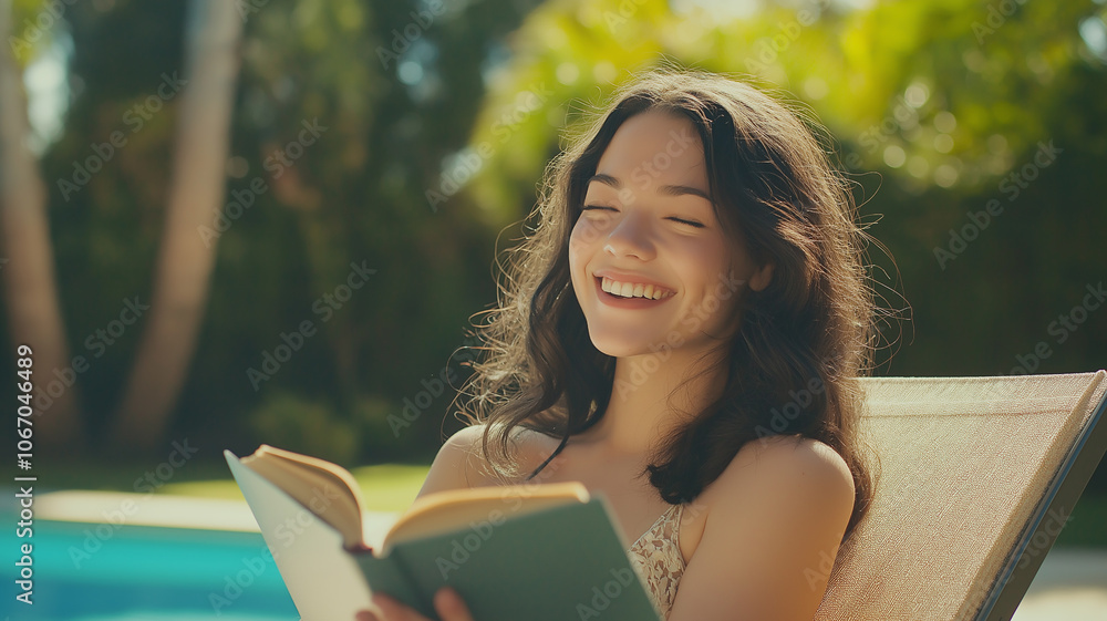 Obraz premium A woman lounging by the pool, completely absorbed in her book, wearing a floppy beach hat