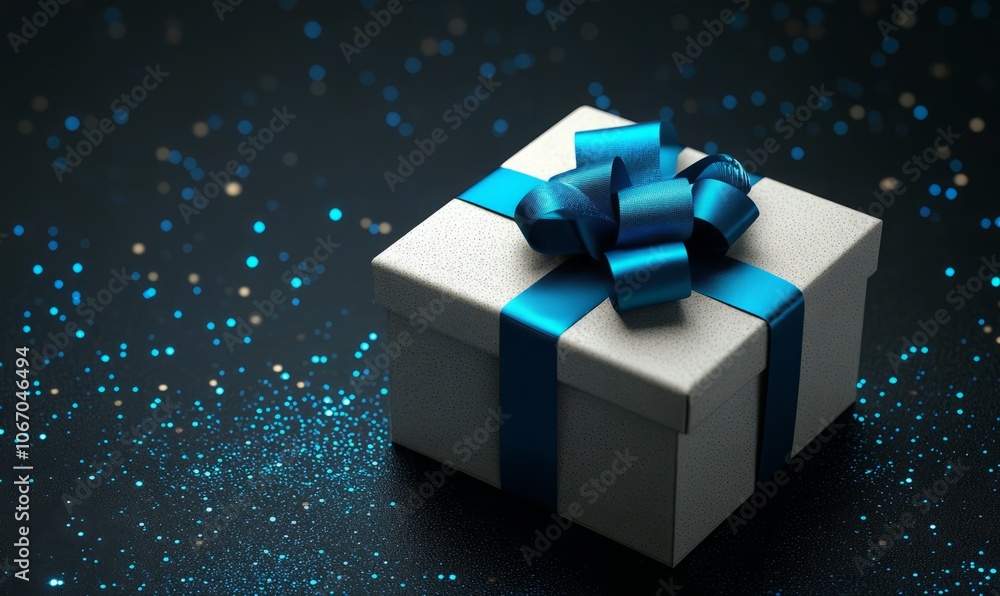 Elegant gift box with blue ribbon on dark background, perfect for celebrations Elegant gift box with blue ribbon on dark background, perfect for celebrations